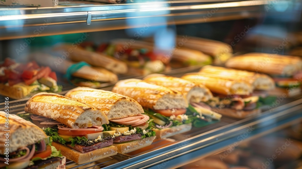 Freshly made gourmet sandwiches on display in a deli display case. Food, lunch, catering, and restaurant concepts. Freshly made gourmet sandwiches on display in a deli display case. Food, lunch, catering, and restaurant concepts.