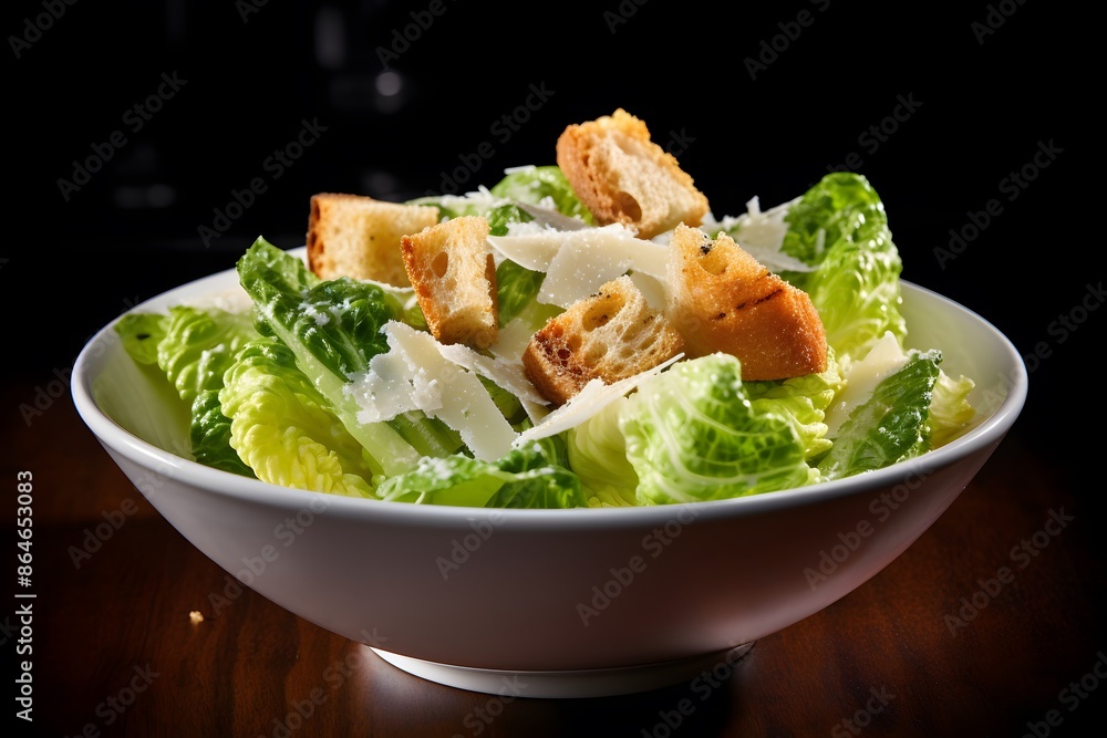 Traditional caesar salad consisting of parmesan cheese, croutons, and lettuce. salad with Caesar dressing. Delicious vegetarian recipe for a cookbook. menu for diet and fitness. top view. Traditional caesar salad consisting of parmesan cheese, croutons, and lettuce. salad with Caesar dressing. Delicious vegetarian recipe for a cookbook. menu for diet and fitness. top view.