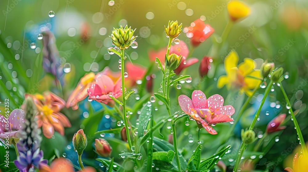 Raindrops on bright meadow flowers, forming a beautiful natural abstract close-up Raindrops on bright meadow flowers, forming a beautiful natural abstract close-up