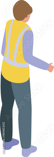 Construction worker wearing a safety vest is gesturing with his hand
