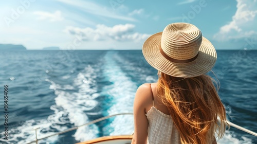 Back view of the young woman tourist in straw hat relaxing on the boat and looking forward into sea © Love Mohammad