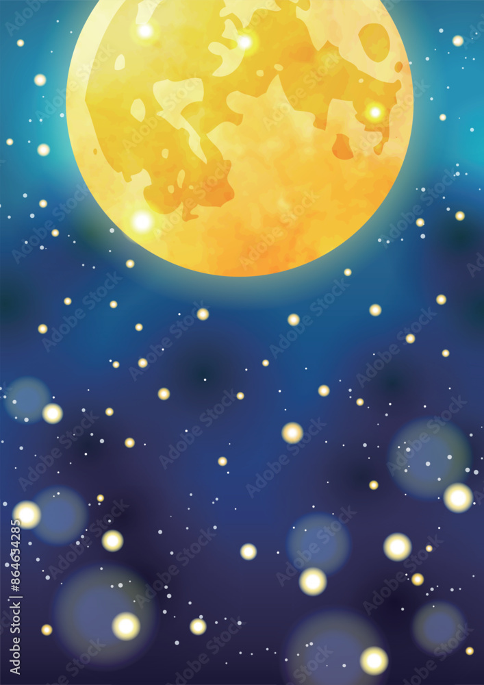 Fototapeta premium お月見、すすき、満月、背景、かわいい、イラスト、縦