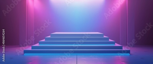Three-Tiered Platform Illuminated By Pink And Blue Neon Lights In A Dark Room