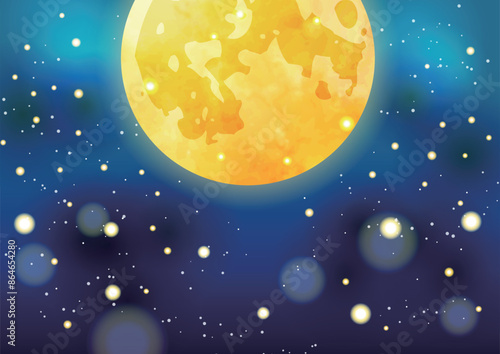 お月見、すすき、満月、背景、かわいい、イラスト、横