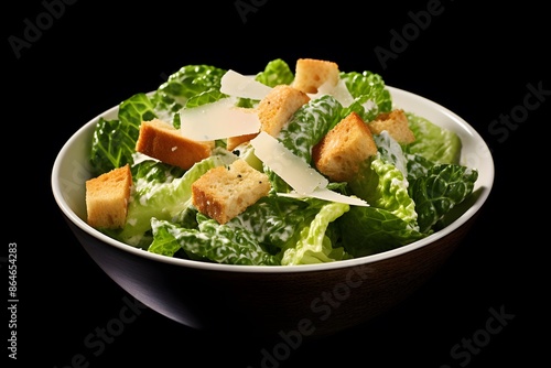 Traditional caesar salad consisting of parmesan cheese, croutons, and lettuce. salad with Caesar dressing. Delicious vegetarian recipe for a cookbook. menu for diet and fitness. top view.