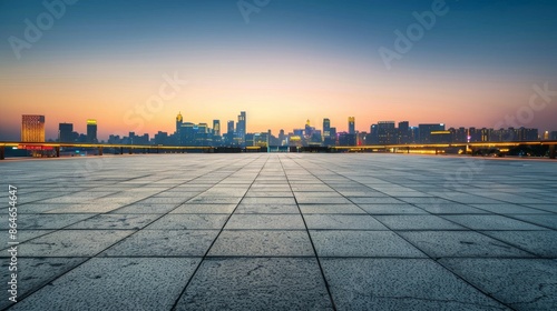 Empty square floor with city skyline background, Urban square with skyscrapers view, dramatic perspective © Mabel