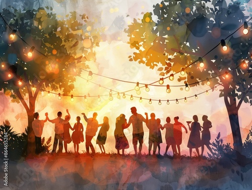 A group of people are dancing in a field with trees in the background, having a barbecue, bbq, illustrations, summer activities.	