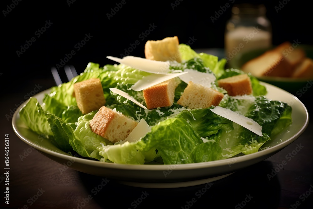 Traditional caesar salad consisting of parmesan cheese, croutons, and lettuce. salad with Caesar dressing. Delicious vegetarian recipe for a cookbook. menu for diet and fitness. top view. Traditional caesar salad consisting of parmesan cheese, croutons, and lettuce. salad with Caesar dressing. Delicious vegetarian recipe for a cookbook. menu for diet and fitness. top view.