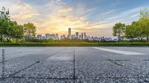 Empty square floor with city skyline background, Urban plaza in the night, city lights