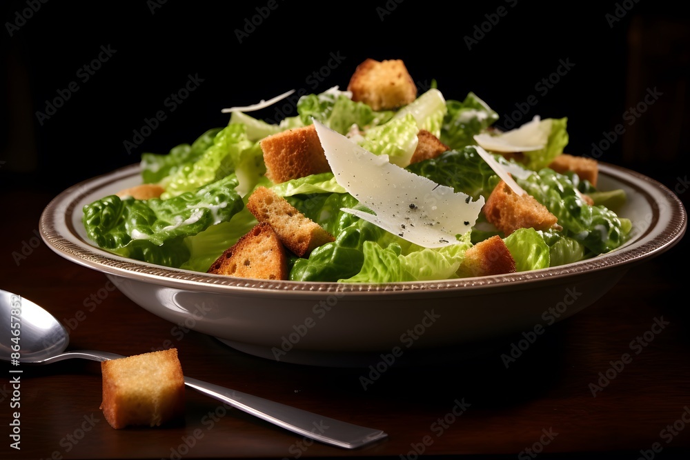 Traditional caesar salad consisting of parmesan cheese, croutons, and lettuce. salad with Caesar dressing. Delicious vegetarian recipe for a cookbook. menu for diet and fitness. top view. superior qua Traditional caesar salad consisting of parmesan cheese, croutons, and lettuce. salad with Caesar dressing. Delicious vegetarian recipe for a cookbook. menu for diet and fitness. top view. superior qua