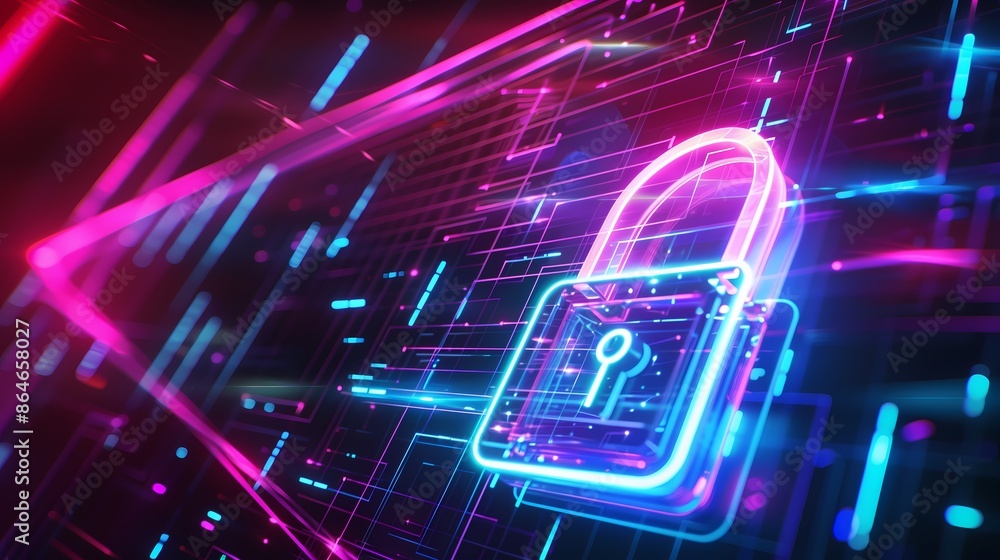 Secure neon padlock, glowing in vibrant colors, cyberspace abstract tech background, digital illustration with futuristic elements, high-tech and secure atmosphere Secure neon padlock, glowing in vibrant colors, cyberspace abstract tech background, digital illustration with futuristic elements, high-tech and secure atmosphere