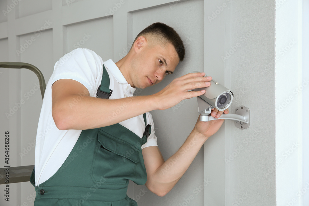 Technician installing CCTV camera on wall indoors Technician installing CCTV camera on wall indoors