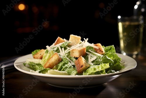 Traditional caesar salad consisting of parmesan cheese, croutons, and lettuce. salad with Caesar dressing. Delicious vegetarian recipe for a cookbook. menu for diet and fitness. top view. superior qua