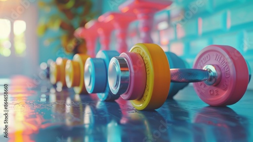 Colorful Dumbbells in a Sunlit Gym with Glossy Floors and Plant Decor photo