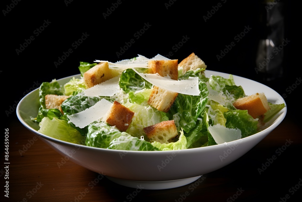 Traditional caesar salad consisting of parmesan cheese, croutons, and lettuce. salad with Caesar dressing. Delicious vegetarian recipe for a cookbook. menu for diet and fitness. top view. superior qua Traditional caesar salad consisting of parmesan cheese, croutons, and lettuce. salad with Caesar dressing. Delicious vegetarian recipe for a cookbook. menu for diet and fitness. top view. superior qua