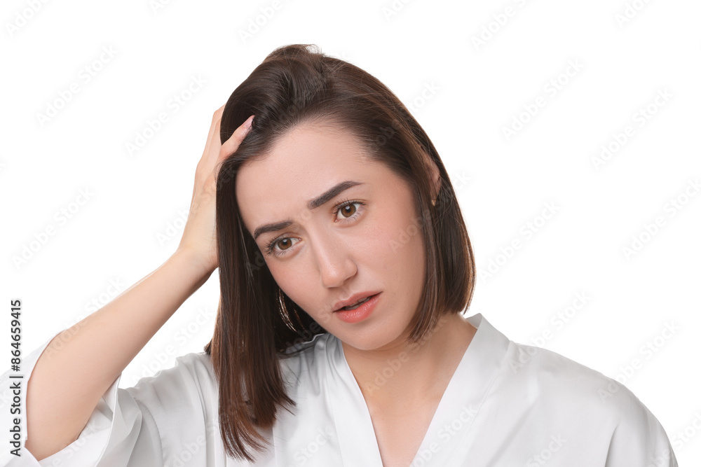 Stressed woman with hair loss problem on white background Stressed woman with hair loss problem on white background