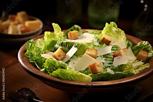 Traditional caesar salad consisting of parmesan cheese, croutons, and lettuce. salad with Caesar dressing. Delicious vegetarian recipe for a cookbook. menu for diet and fitness. top view. superior qua photo