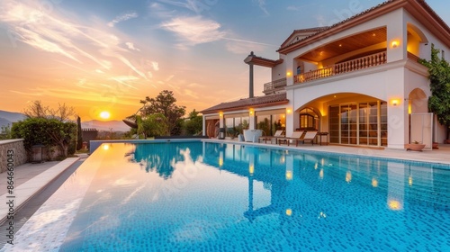 beautiful mansion with a large pool and palm trees on a sunset