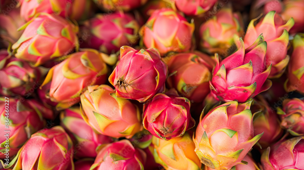 Close-up of vibrant dragon fruits piled together, showcasing their bright pink and green hues and natural texture Close-up of vibrant dragon fruits piled together, showcasing their bright pink and green hues and natural texture