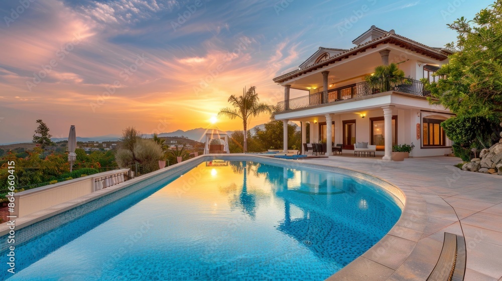 Fototapeta premium beautiful mansion with a large pool and palm trees on a sunset