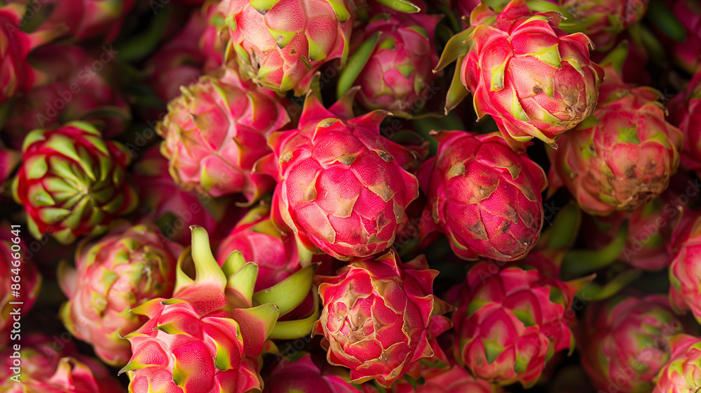 Close-up of vibrant dragon fruits piled together, showcasing their bright pink and green hues and natural texture Close-up of vibrant dragon fruits piled together, showcasing their bright pink and green hues and natural texture