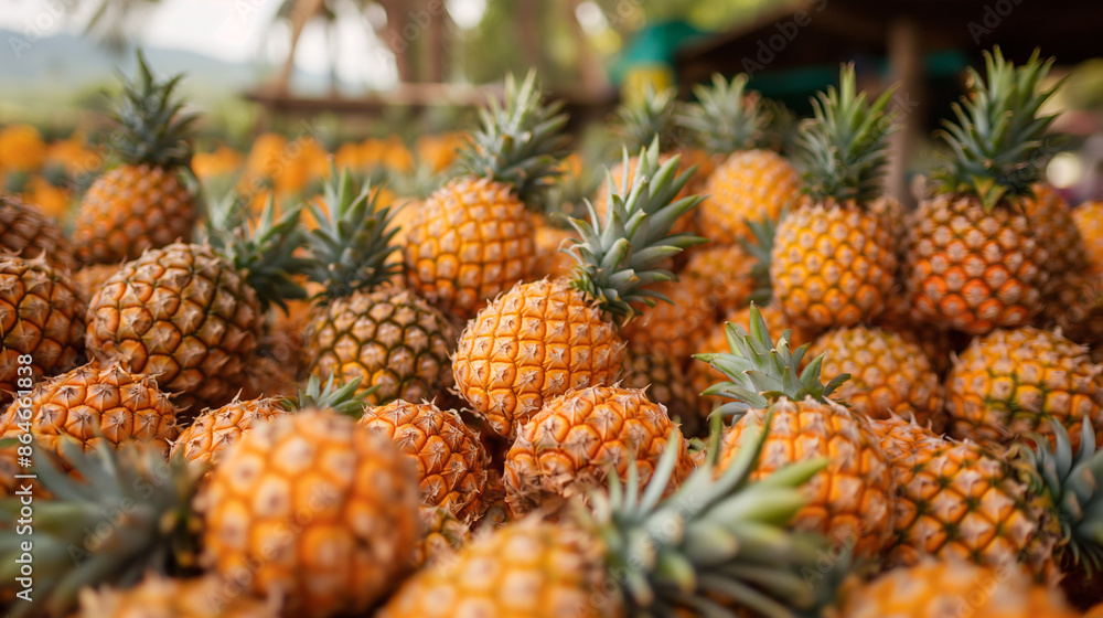 Close-up of fresh pineapples in a bountiful harvest, showcasing their vibrant yellow color and natural texture Close-up of fresh pineapples in a bountiful harvest, showcasing their vibrant yellow color and natural texture