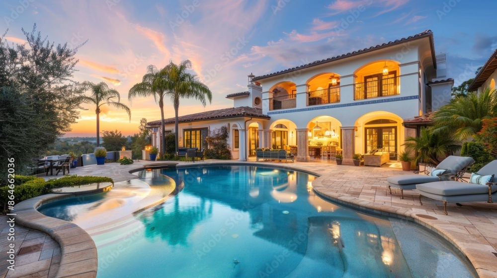 beautiful mansion with a large pool and palm trees on a sunset beautiful mansion with a large pool and palm trees on a sunset