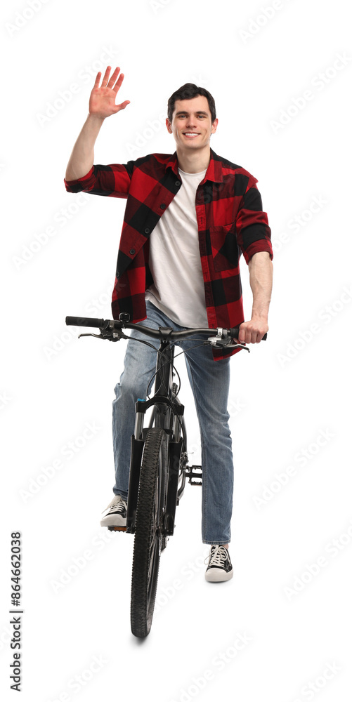 Smiling man on bicycle against white background Smiling man on bicycle against white background