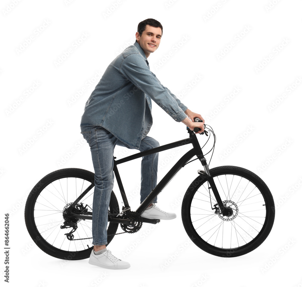 Smiling man riding bicycle on white background Smiling man riding bicycle on white background
