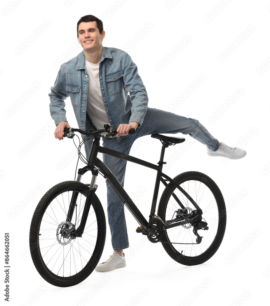 Smiling man with bicycle isolated on white Smiling man with bicycle isolated on white