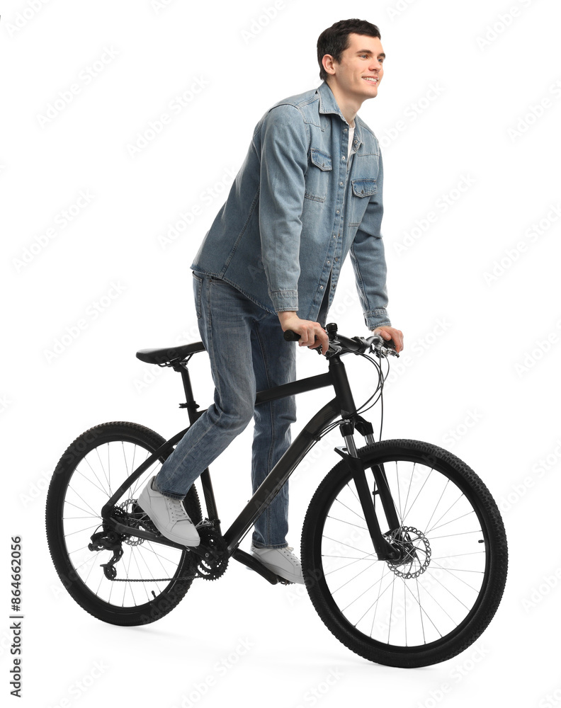 Smiling man riding bicycle on white background Smiling man riding bicycle on white background