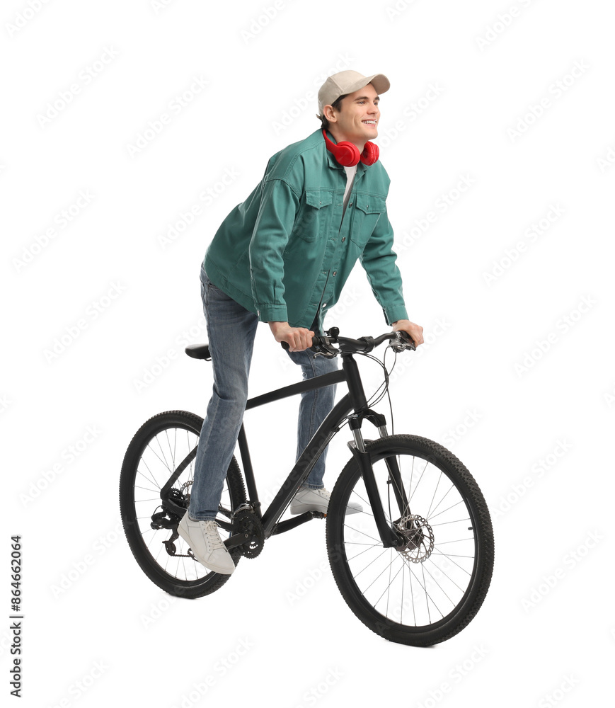 Smiling man with headphones riding bicycle on white background Smiling man with headphones riding bicycle on white background