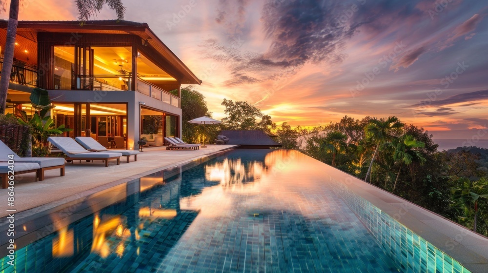Fototapeta premium beautiful mansion with a large pool and palm trees on a sunset