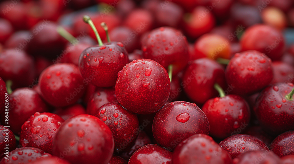 Close-up of freshly harvested cherries piled together, showcasing vibrant red color and glossy texture in a bountiful arrangement Close-up of freshly harvested cherries piled together, showcasing vibrant red color and glossy texture in a bountiful arrangement