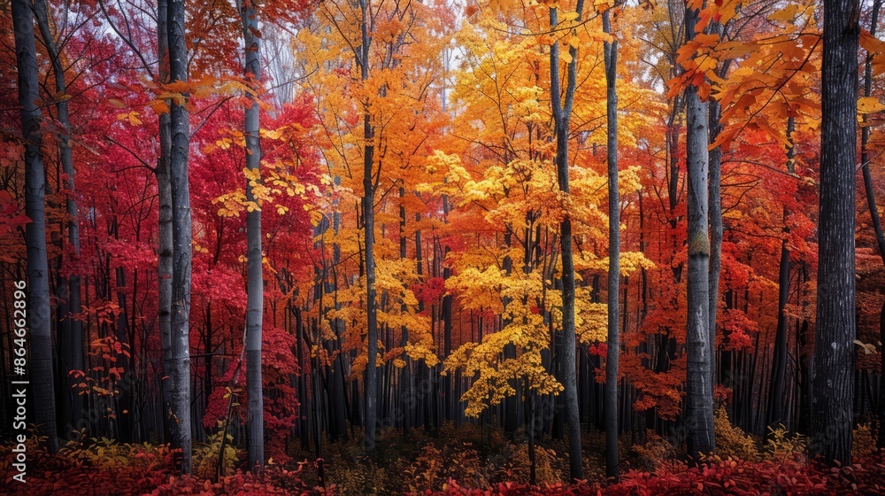 a vibrant autumn forest with trees adorned in red, orange, and yellow leaves, creating a warm and inviting background, with clear copy space for text a vibrant autumn forest with trees adorned in red, orange, and yellow leaves, creating a warm and inviting background, with clear copy space for text