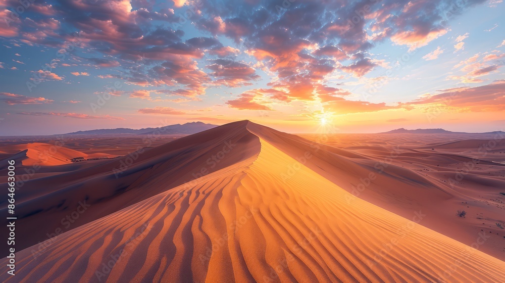 a desert landscape with rolling sand dunes under a dramatic sunset, the warm colors creating a striking and serene background, with clear copy space for text a desert landscape with rolling sand dunes under a dramatic sunset, the warm colors creating a striking and serene background, with clear copy space for text