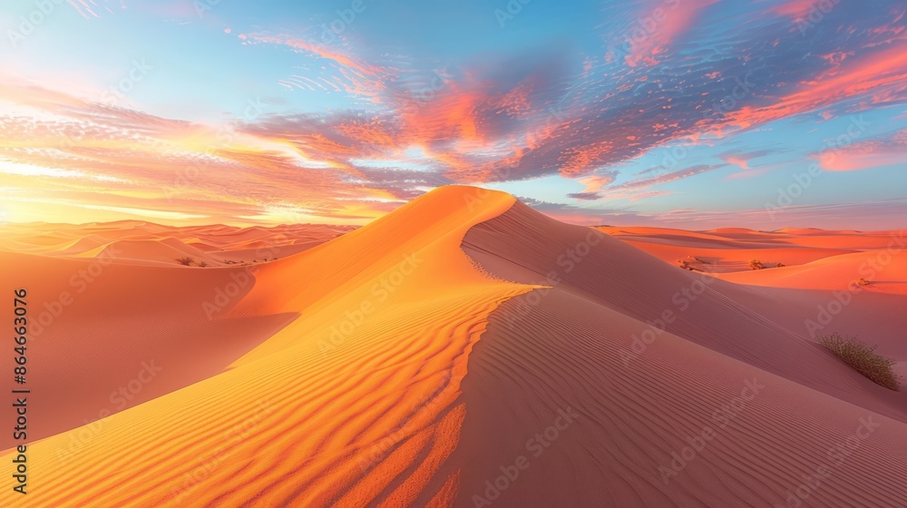 a desert landscape with rolling sand dunes under a dramatic sunset, the warm colors creating a striking and serene background, with clear copy space for text a desert landscape with rolling sand dunes under a dramatic sunset, the warm colors creating a striking and serene background, with clear copy space for text