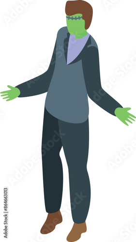 Isometric frankenstein monster office worker character wearing a suit for halloween