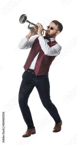 Handsome musician playing trumpet on white background