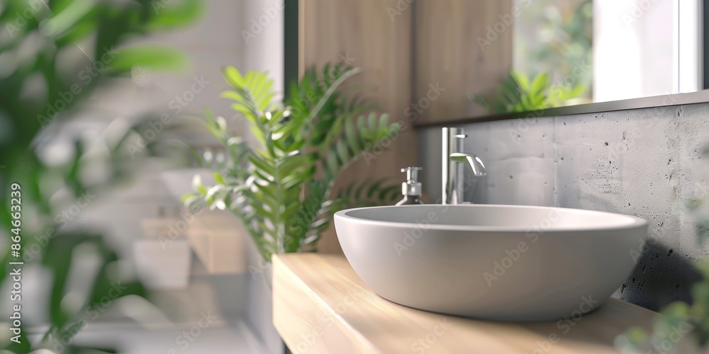 Fototapeta premium The photo shows a modern bathroom sink made of white ceramic