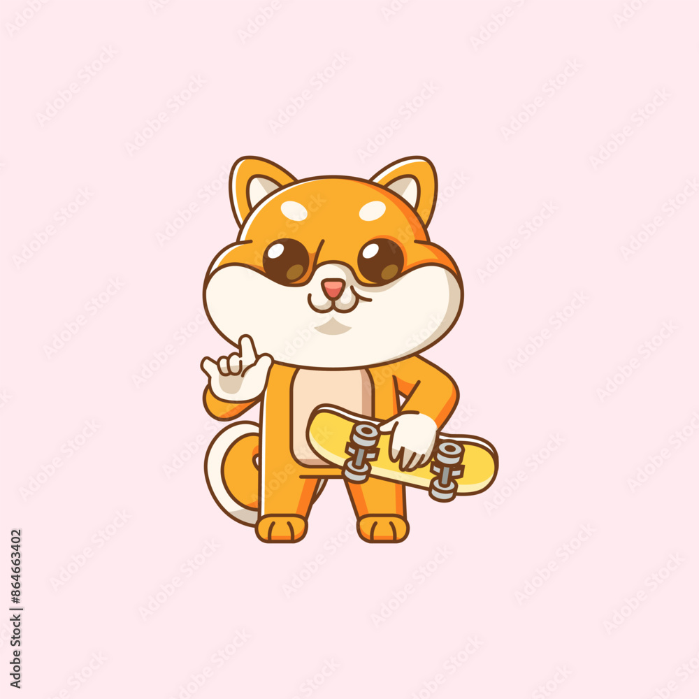Cute shiba inu dog pose Playing Skateboard animal kawaii chibi character mascot illustration Cute shiba inu dog pose Playing Skateboard animal kawaii chibi character mascot illustration