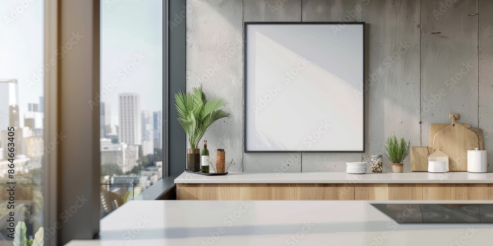 The photo shows a modern kitchen with a large window, a breakfast bar, and a blank frame on the wall The photo shows a modern kitchen with a large window, a breakfast bar, and a blank frame on the wall