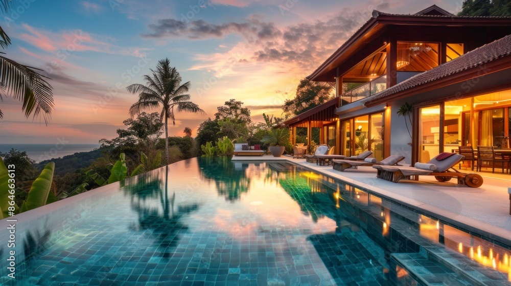 Fototapeta premium beautiful mansion with a large pool and palm trees on a sunset