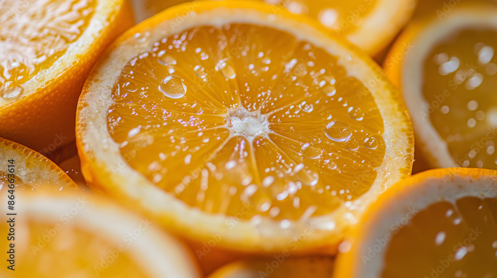Close-up of freshly sliced oranges piled together, showcasing vibrant orange color and juicy texture under natural sunlight Close-up of freshly sliced oranges piled together, showcasing vibrant orange color and juicy texture under natural sunlight