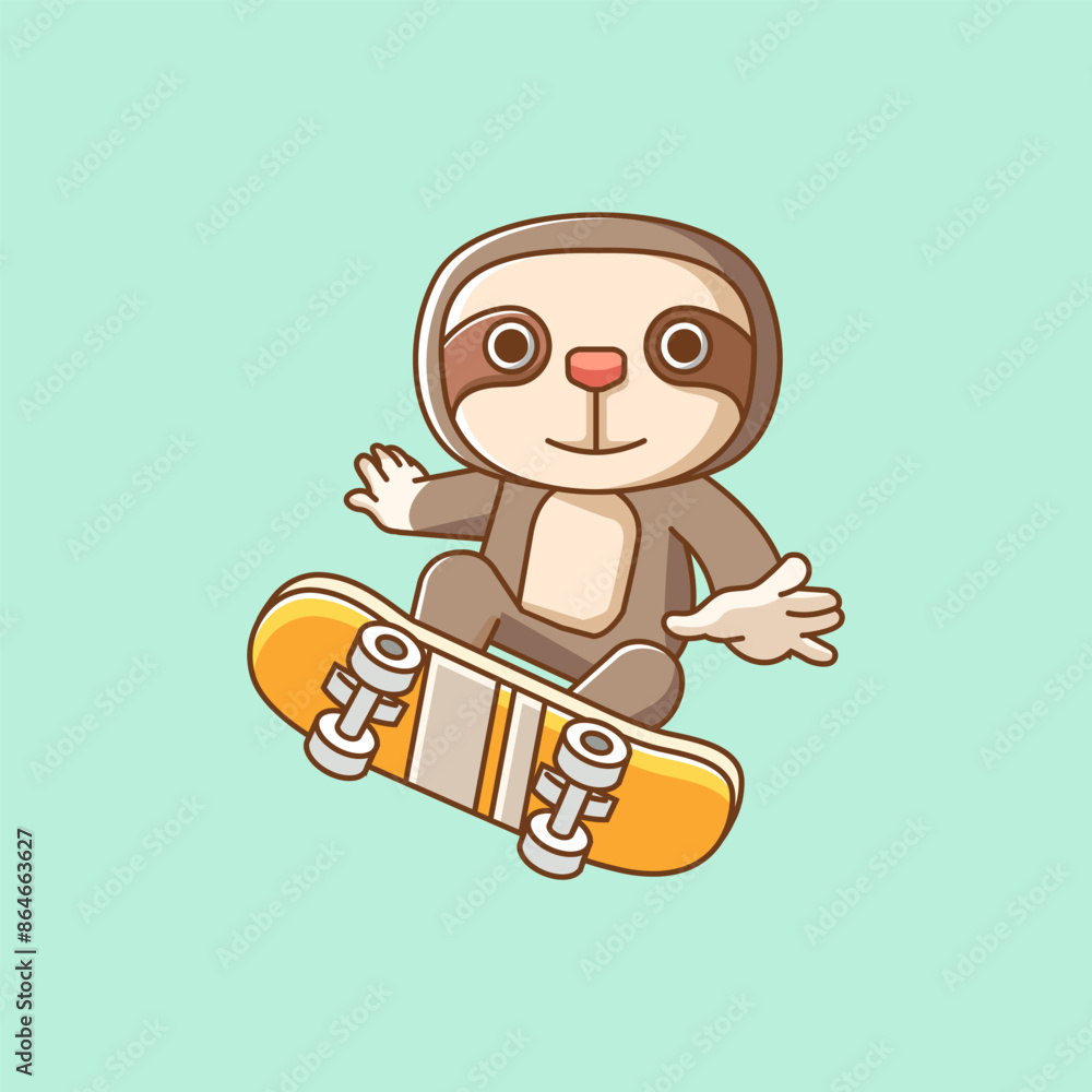 Cute sloth Playing Skateboard animal kawaii chibi character mascot illustration outline style Cute sloth Playing Skateboard animal kawaii chibi character mascot illustration outline style