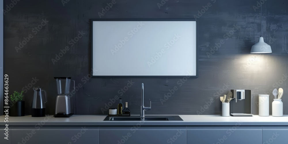 The picture shows a modern kitchen with a large blank frame on the wall. The picture shows a modern kitchen with a large blank frame on the wall.