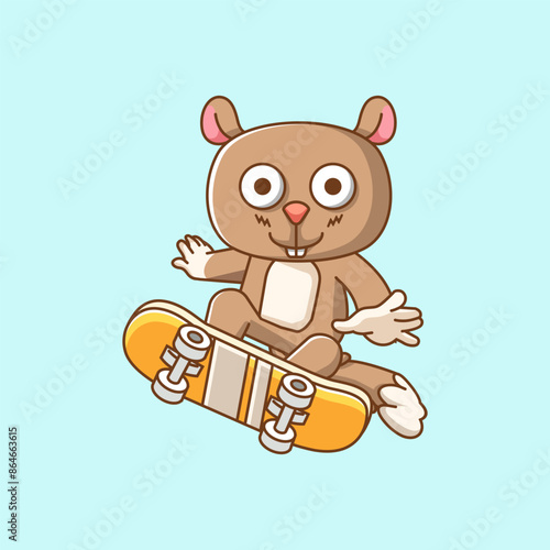 Cute squirrel Playing Skateboard animal kawaii chibi character mascot illustration outline style