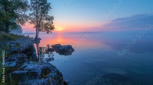 a tranquil lakeside at dawn with mist rising from the water and the first light of day breaking over the horizon, creating a peaceful and beautiful background, with ample copy space for text