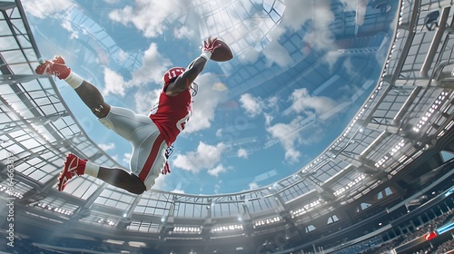 American Football Player Catching a touchdown Pass in a large stadium.