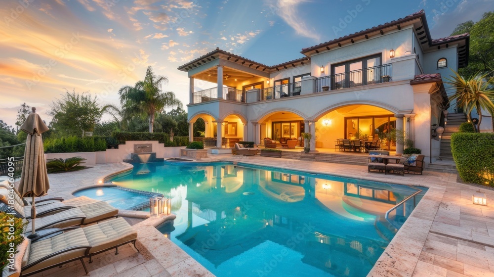 beautiful mansion with a large pool and palm trees on a sunset beautiful mansion with a large pool and palm trees on a sunset